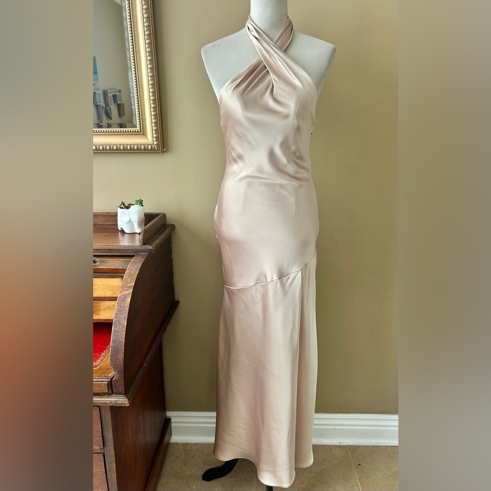 Revelry Athena Dress Champagne Satin Halter Twist Neck Maxi Gown Size 2